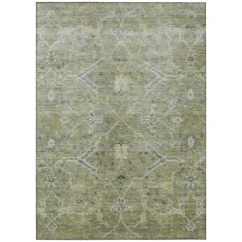 3' X 5' Artichoke Green And Gray Floral Washable Indoor Outdoor Area Rug