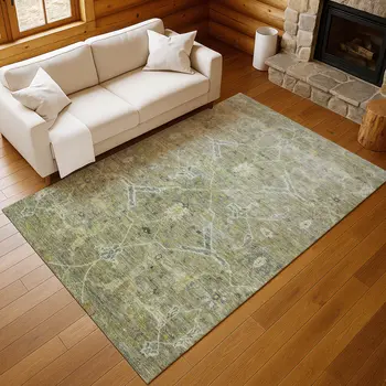 3' X 5' Artichoke Green And Gray Floral Washable Indoor Outdoor Area Rug