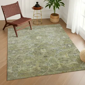3' X 5' Artichoke Green And Gray Floral Washable Indoor Outdoor Area Rug