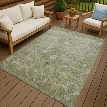 3' X 5' Artichoke Green And Gray Floral Washable Indoor Outdoor Area Rug