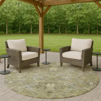 8' Artichoke Green And Gray Round Floral Washable Indoor Outdoor Area Rug