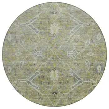 8' Artichoke Green And Gray Round Floral Washable Indoor Outdoor Area Rug