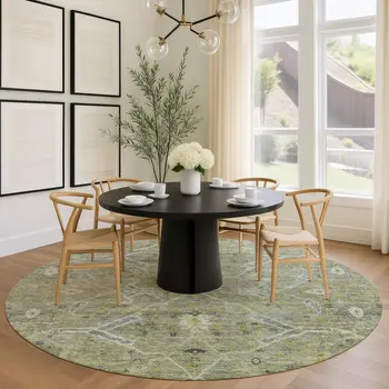 8' Artichoke Green And Gray Round Floral Washable Indoor Outdoor Area Rug