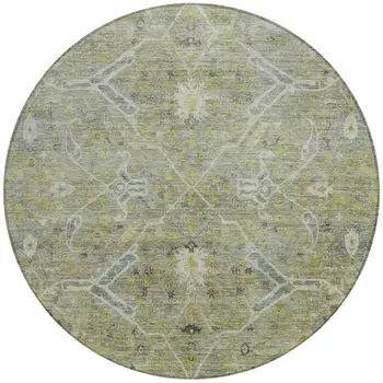 8' Artichoke Green And Gray Round Floral Washable Indoor Outdoor Area Rug