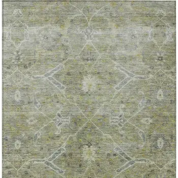 9' X 12' Artichoke Green And Gray Floral Washable Indoor Outdoor Area Rug