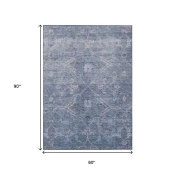 5' X 8' Blue And Gray Floral Washable Indoor Outdoor Area Rug
