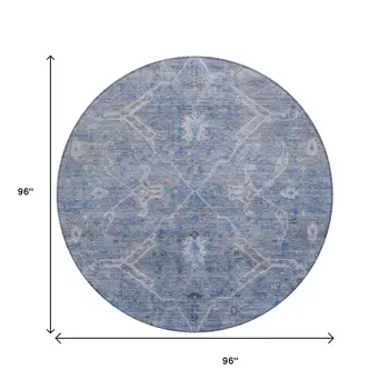 8' Blue And Gray Round Floral Washable Indoor Outdoor Area Rug