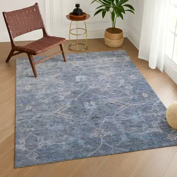 9' X 12' Blue And Gray Floral Washable Indoor Outdoor Area Rug