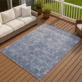 10' X 14' Blue And Gray Floral Washable Indoor Outdoor Area Rug