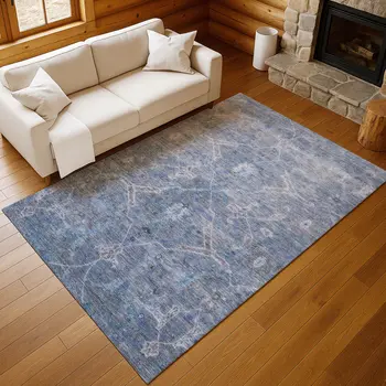 10' X 14' Blue And Gray Floral Washable Indoor Outdoor Area Rug