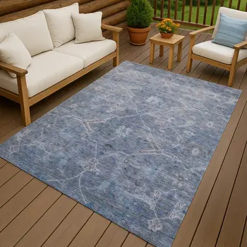 10' X 14' Blue And Gray Floral Washable Indoor Outdoor Area Rug