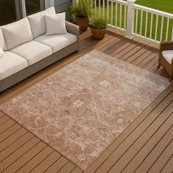 3' X 5' Coral And Copper Floral Washable Indoor Outdoor Area Rug