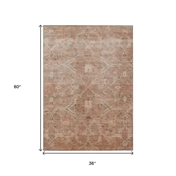 3' X 5' Coral And Copper Floral Washable Indoor Outdoor Area Rug