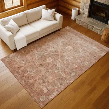 3' X 5' Coral And Copper Floral Washable Indoor Outdoor Area Rug