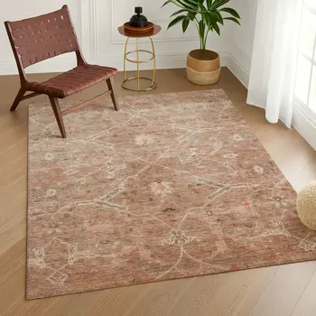 3' X 5' Coral And Copper Floral Washable Indoor Outdoor Area Rug
