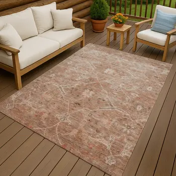 3' X 5' Coral And Copper Floral Washable Indoor Outdoor Area Rug