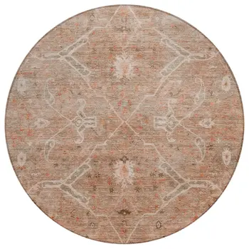 8' Coral And Copper Round Floral Washable Indoor Outdoor Area Rug