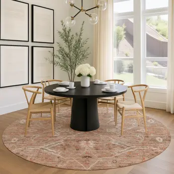 8' Coral And Copper Round Floral Washable Indoor Outdoor Area Rug