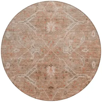 8' Coral And Copper Round Floral Washable Indoor Outdoor Area Rug