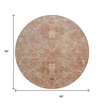 8' Coral And Copper Round Floral Washable Indoor Outdoor Area Rug