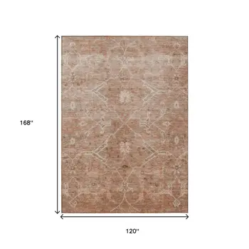 10' X 14' Coral And Copper Floral Washable Indoor Outdoor Area Rug