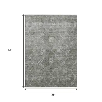 3' X 5' Pewter And Gray Floral Washable Indoor Outdoor Area Rug