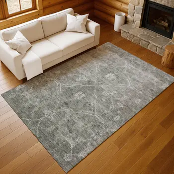 3' X 5' Pewter And Gray Floral Washable Indoor Outdoor Area Rug