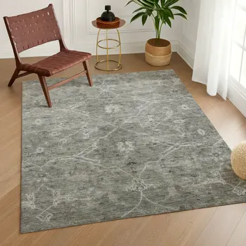 3' X 5' Pewter And Gray Floral Washable Indoor Outdoor Area Rug
