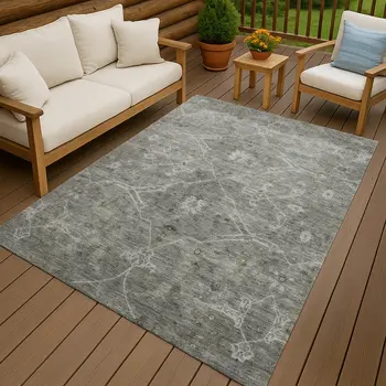 5' X 8' Pewter And Gray Floral Washable Indoor Outdoor Area Rug