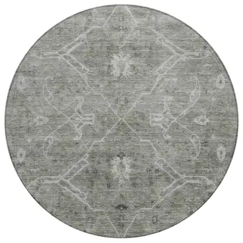 8' Pewter And Gray Round Floral Washable Indoor Outdoor Area Rug