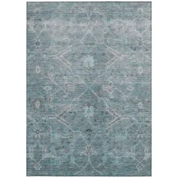 3' X 5' Teal Blue And Gray Floral Washable Indoor Outdoor Area Rug