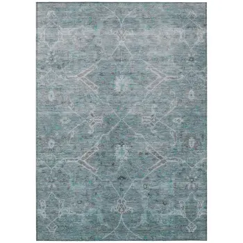 5' X 8' Teal Blue And Gray Floral Washable Indoor Outdoor Area Rug