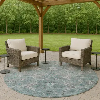 8' Teal Blue And Gray Round Floral Washable Indoor Outdoor Area Rug
