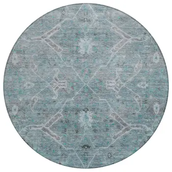 8' Teal Blue And Gray Round Floral Washable Indoor Outdoor Area Rug
