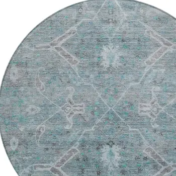 8' Teal Blue And Gray Round Floral Washable Indoor Outdoor Area Rug