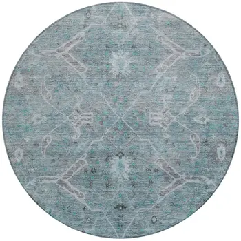 8' Teal Blue And Gray Round Floral Washable Indoor Outdoor Area Rug