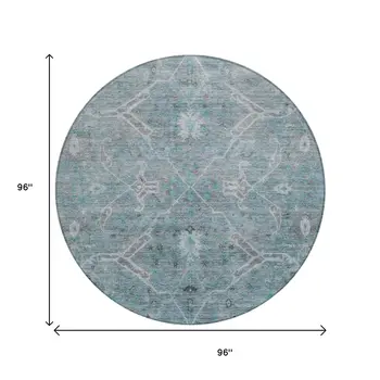 8' Teal Blue And Gray Round Floral Washable Indoor Outdoor Area Rug