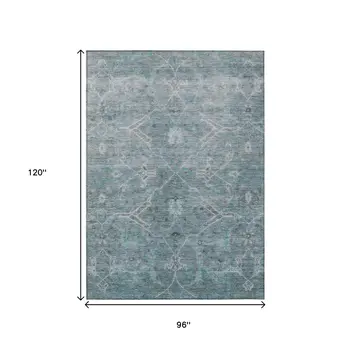 8' X 10' Teal Blue And Gray Floral Washable Indoor Outdoor Area Rug