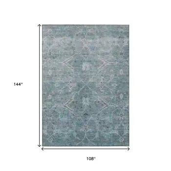 9' X 12' Teal Blue And Gray Floral Washable Indoor Outdoor Area Rug