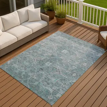 10' X 14' Teal Blue And Gray Floral Washable Indoor Outdoor Area Rug
