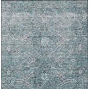 10' X 14' Teal Blue And Gray Floral Washable Indoor Outdoor Area Rug
