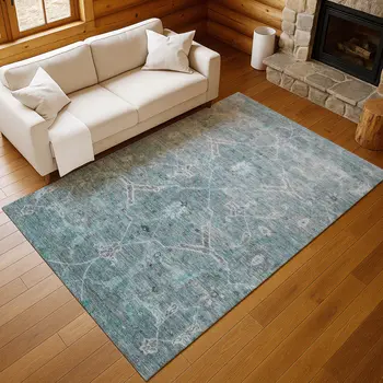 10' X 14' Teal Blue And Gray Floral Washable Indoor Outdoor Area Rug