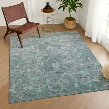 10' X 14' Teal Blue And Gray Floral Washable Indoor Outdoor Area Rug