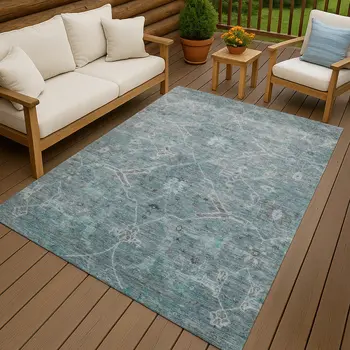 10' X 14' Teal Blue And Gray Floral Washable Indoor Outdoor Area Rug