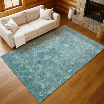 3' X 5' Turquoise And Ivory Floral Washable Indoor Outdoor Area Rug