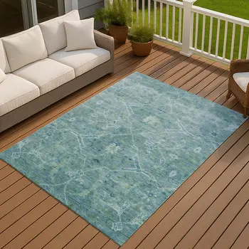5' X 8' Turquoise And Ivory Floral Washable Indoor Outdoor Area Rug