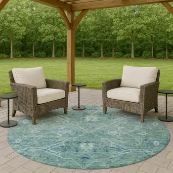 8' Turquoise And Ivory Round Floral Washable Indoor Outdoor Area Rug