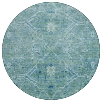 8' Turquoise And Ivory Round Floral Washable Indoor Outdoor Area Rug