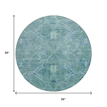 8' Turquoise And Ivory Round Floral Washable Indoor Outdoor Area Rug