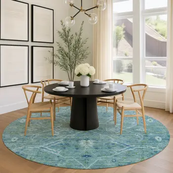 8' Turquoise And Ivory Round Floral Washable Indoor Outdoor Area Rug
